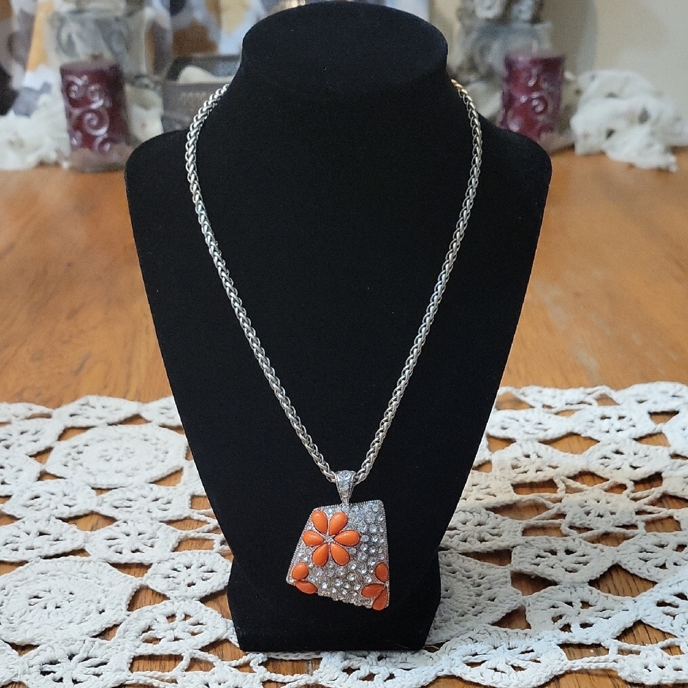 Elegant Silver and Orange Necklace with Natural Pendant. E